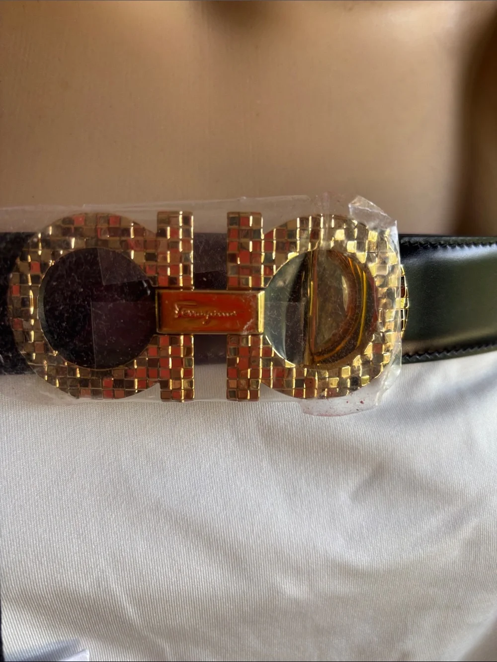 Salvatore Ferragamo Black Leather Belt with Gold Mosaic Gancini Buckle